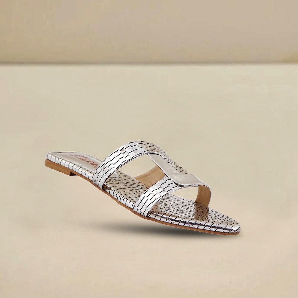 Silver Croc-Pattern Slides
