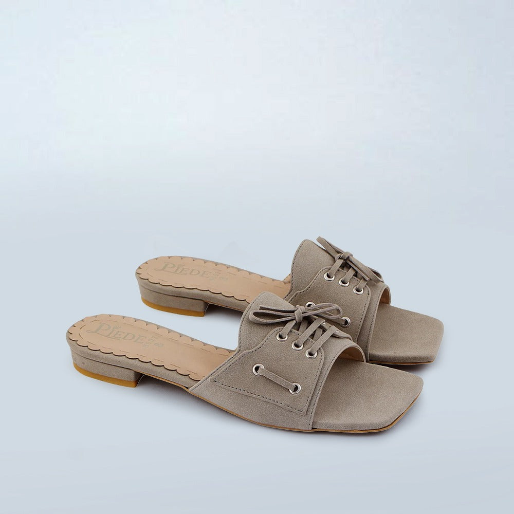 Grey Lace-Up Suede Flat