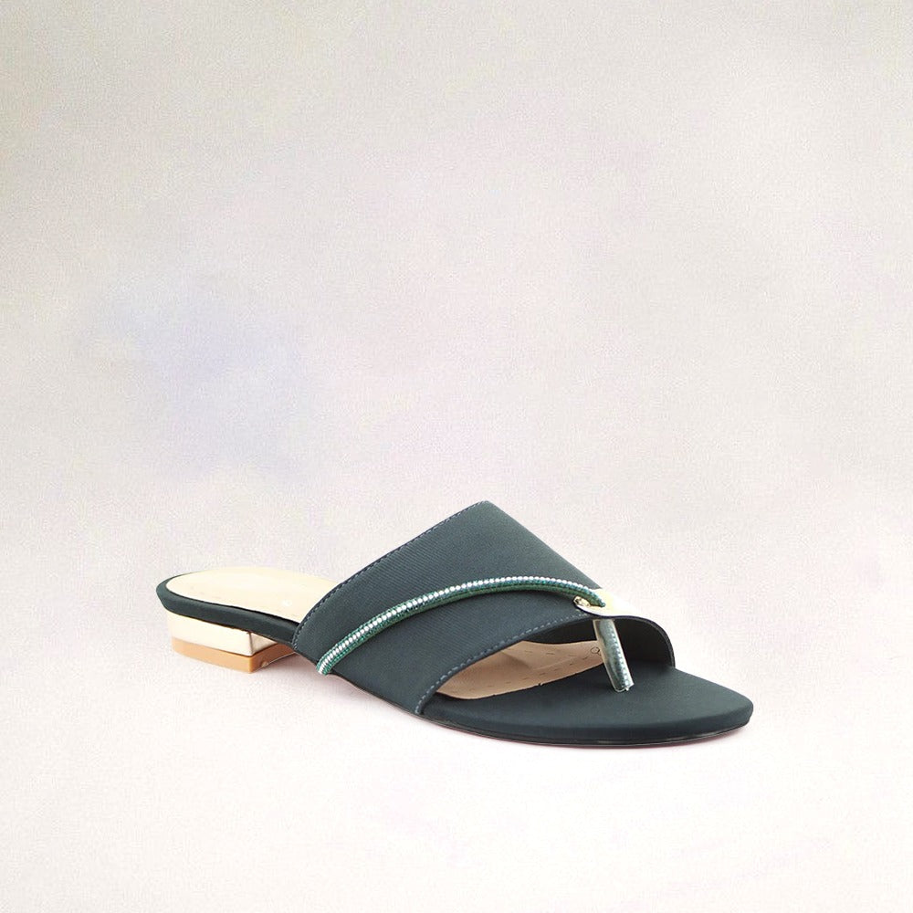 Dark Green Stone-Embellished Toe-Loop Flat