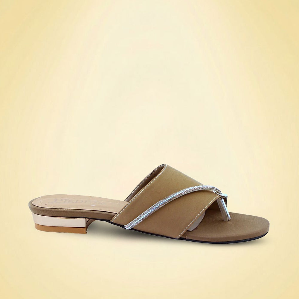 Beige Stone-Embellished Toe-Loop Flat