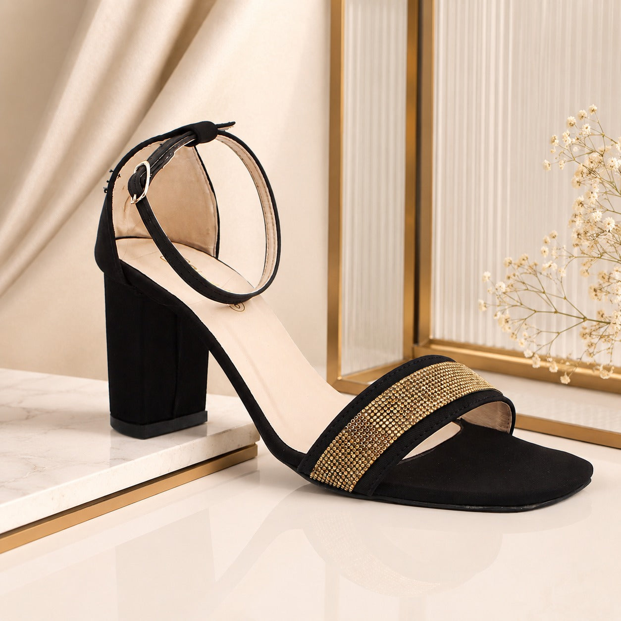 Black Ornamented Heels Sandal